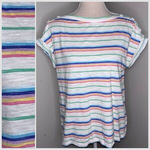 Talbots pastel rainbow striped cap sleeve button shoulder tee shirt Large Petite
